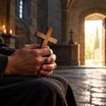 Hænder holder et trækors i en dunkel kirke med lys gennem en åben dør.
