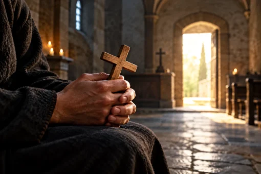 Hænder holder et trækors i en dunkel kirke med lys gennem en åben dør.